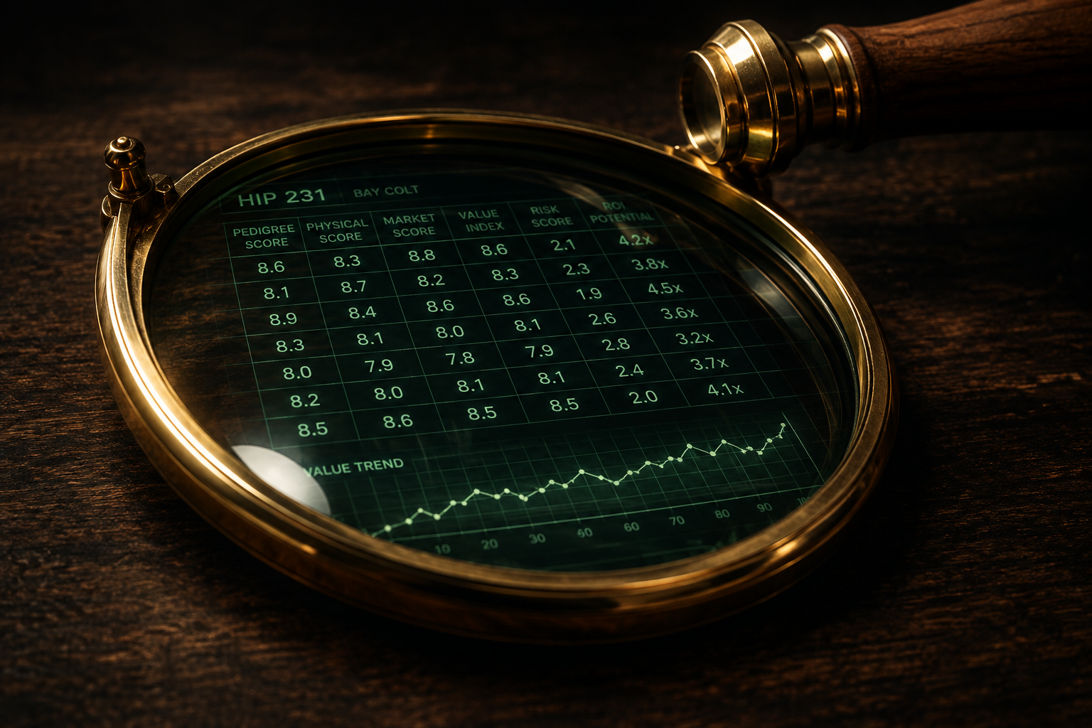 Magnifying glass revealing deeper bloodstock data and analytical patterns