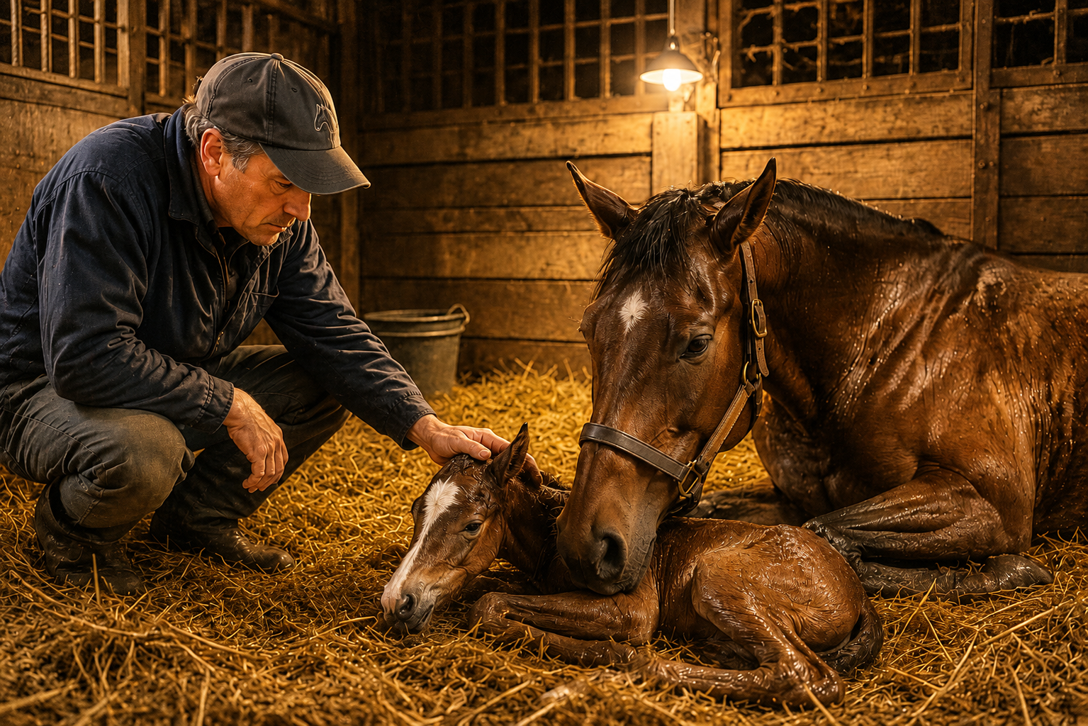 Horseman caring for a mare and newborn foal in a foaling stall