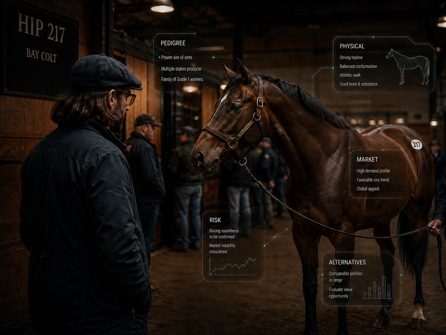 Horseman using artificial intelligence as a thinking partner while evaluating a Thoroughbred