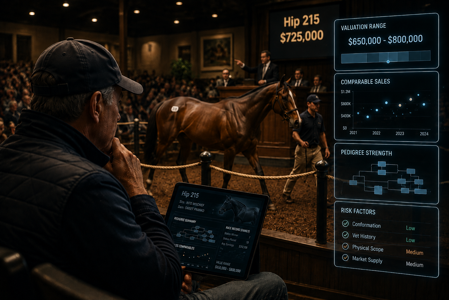 Thoroughbred moving through a busy sale ring while a buyer evaluates risk and price